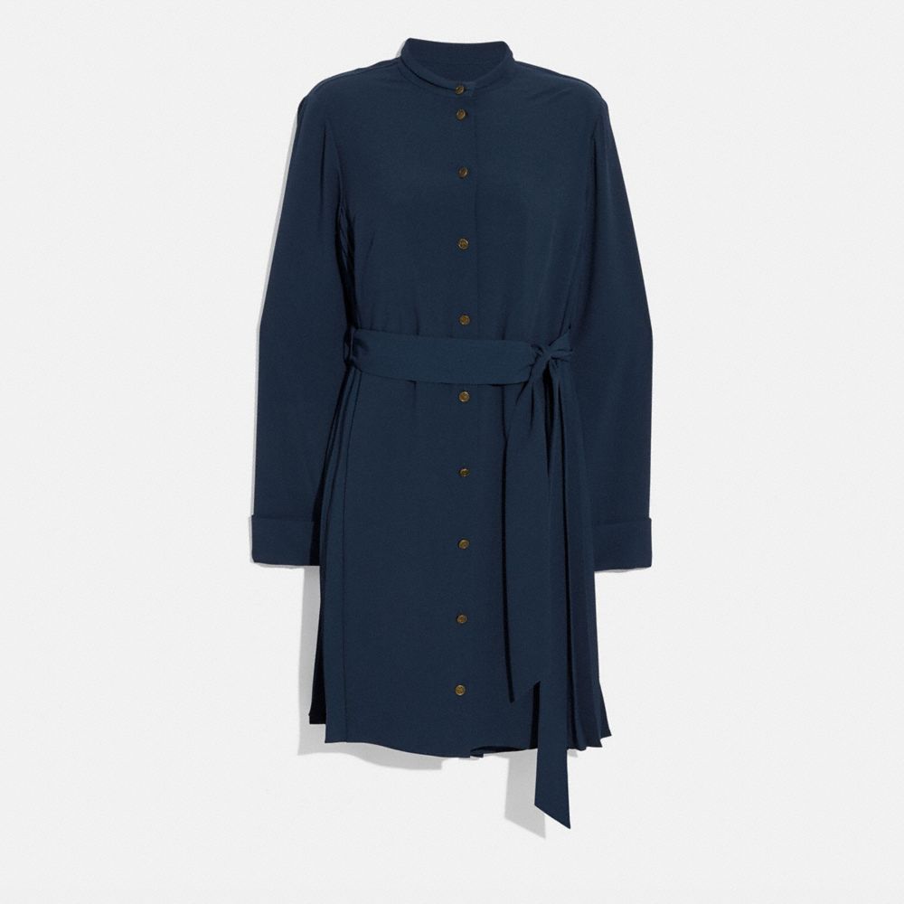 COACH®,HERITAGE PLEAT SHIRT DRESS,Silk,NAVY,Front View image number 0
