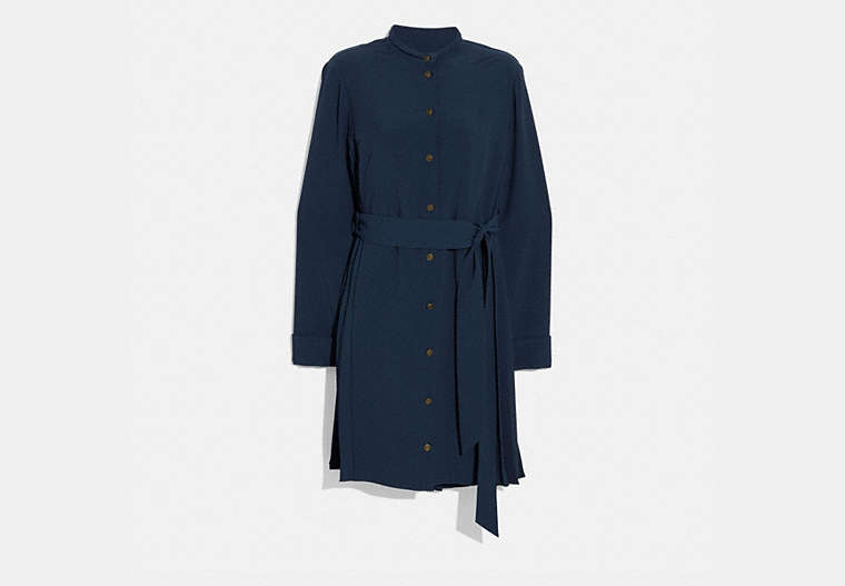 COACH®,HERITAGE PLEAT SHIRT DRESS,Silk,NAVY,Front View image number 0