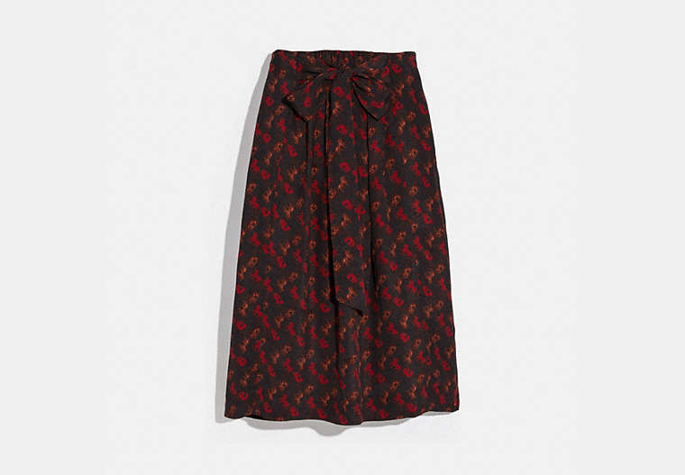 COACH®,HORSE AND CARRIAGE PRINT GATHERED SKIRT,Viscose,Black/Red,Front View