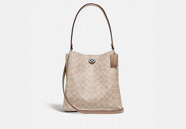 COACH®,CHARLIE BUCKET BAG IN SIGNATURE CANVAS,pvc,Medium,Light Antique Nickel/Sand Taupe,Front View