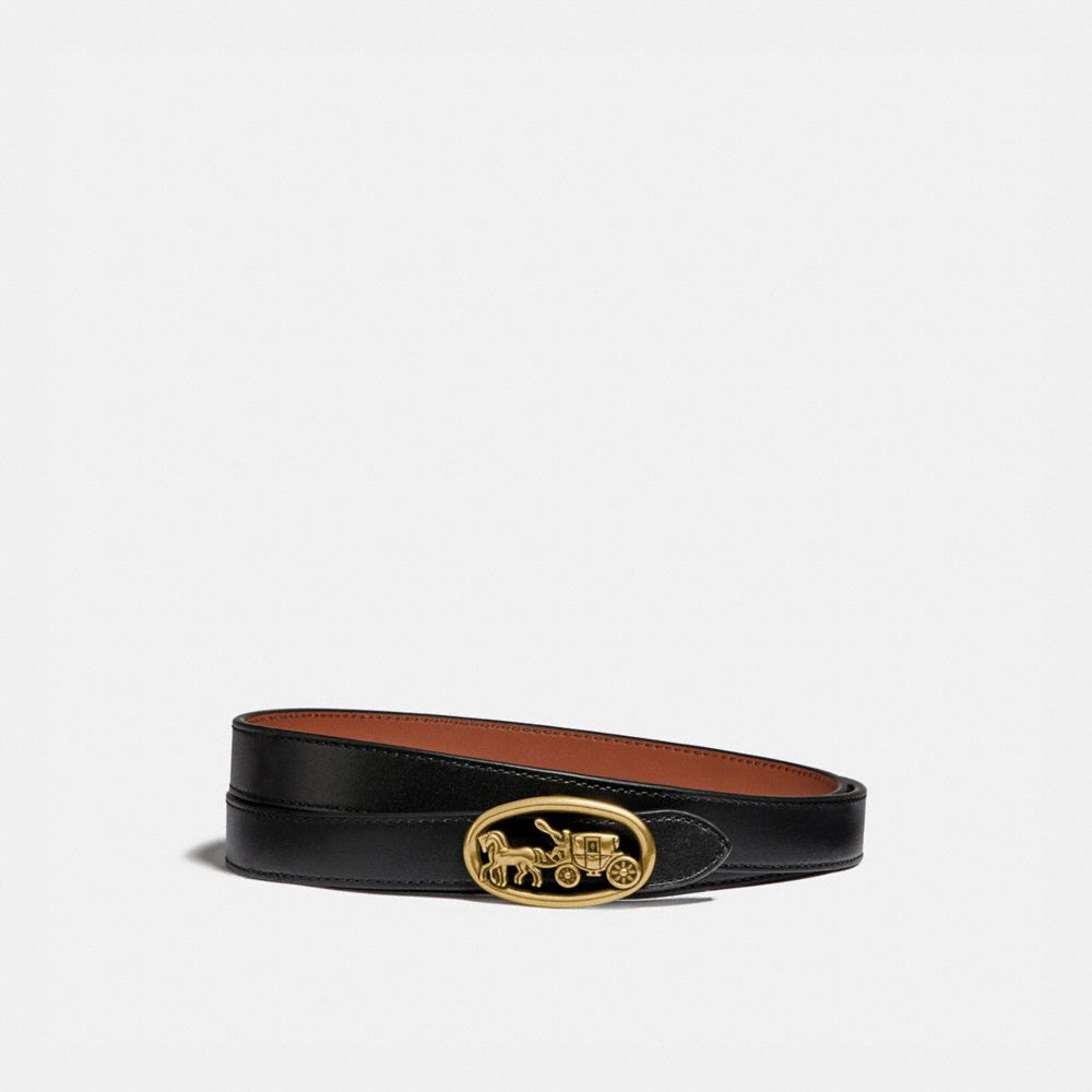COACH®,HORSE AND CARRIAGE BUCKLE REVERSIBLE BELT, 20MM,Brass/Black/1941 Saddle,Front View image number 0