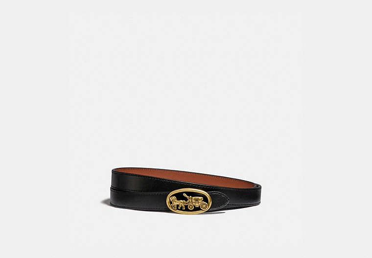 COACH®,HORSE AND CARRIAGE BUCKLE REVERSIBLE BELT, 20MM,Leather,Brass/Black/1941 Saddle,Front View image number 0