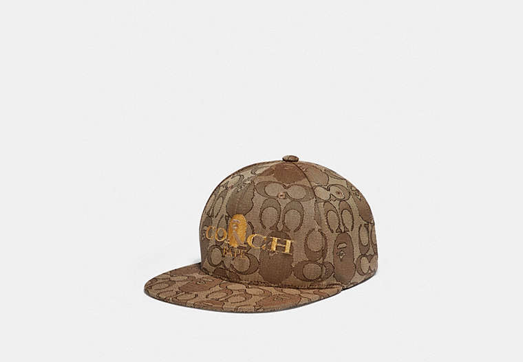 COACH®,BAPE X COACH BASEBALL CAP IN SIGNATURE JACQUARD WITH APE HEAD,cotton,TAN MULTI,Front View