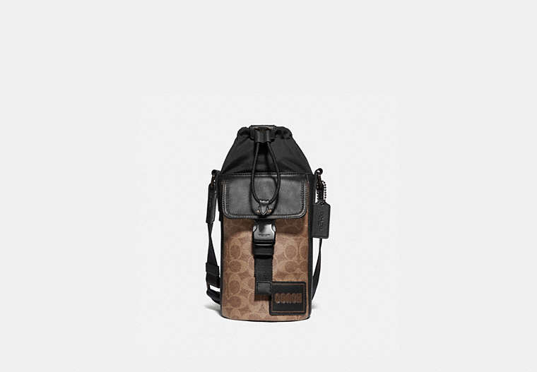 COACH®,PACER DRAWSTRING CROSSBODY IN SIGNATURE CANVAS WITH COACH PATCH,Signature Coated Canvas/Smooth Leather/Ny...,Black Copper/Khaki,Front View