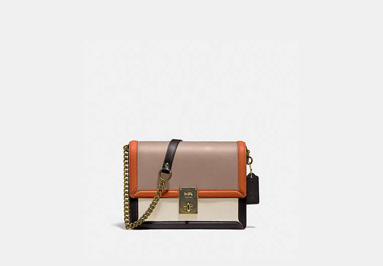 COACH®,HUTTON SHOULDER BAG IN COLORBLOCK,Smooth Leather,Small,Brass/Taupe Ginger Multi,Front View image number 0