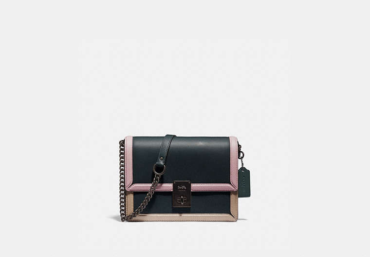 COACH®,HUTTON SHOULDER BAG IN COLORBLOCK,Smooth Leather,Small,Pewter/Pine Green Aurora Multi,Front View