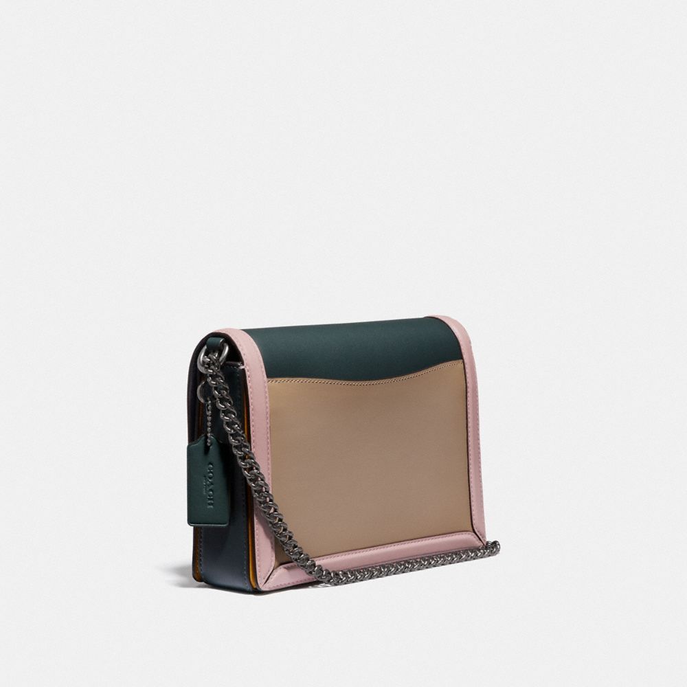 COACH®,HUTTON SHOULDER BAG IN COLORBLOCK,Smooth Leather,Small,Pewter/Pine Green Aurora Multi,Angle View
