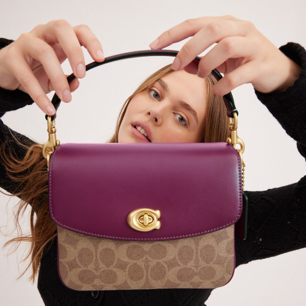 COACH®,Cassie Crossbody Bag 19 In Signature Canvas,Leather,Calf Hair,Crossbody,Color Block,Metal,Piping,Gold Metal,Day Party,,Detail View