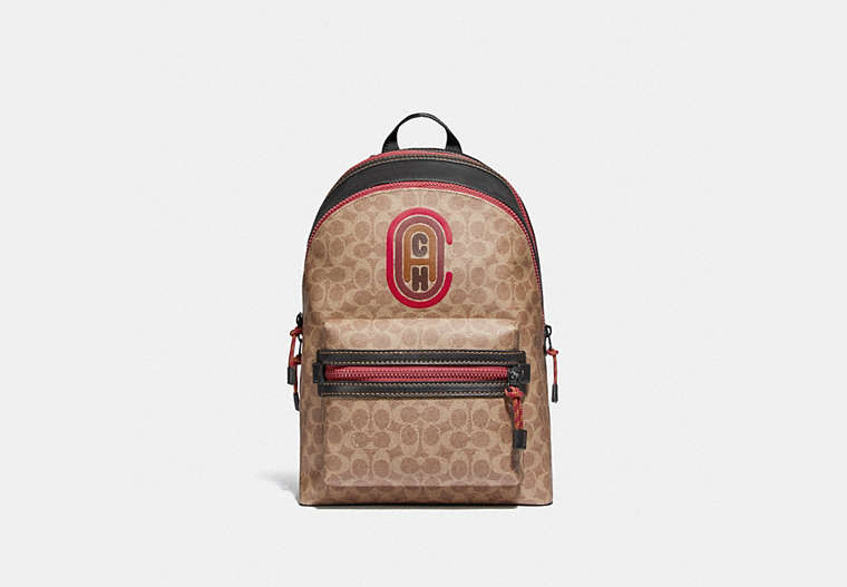 COACH®,ACADEMY BACKPACK IN SIGNATURE CANVAS WITH COACH PATCH,Signature Coated Canvas,Large,Black Copper/Khaki,Front View