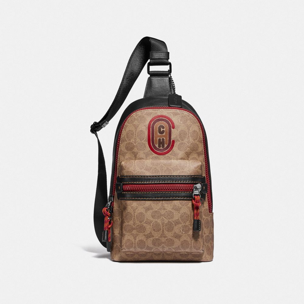 COACH®,ACADEMY PACK IN SIGNATURE CANVAS WITH COACH PATCH,Signature Coated Canvas,Medium,Black Copper/Khaki,Front View