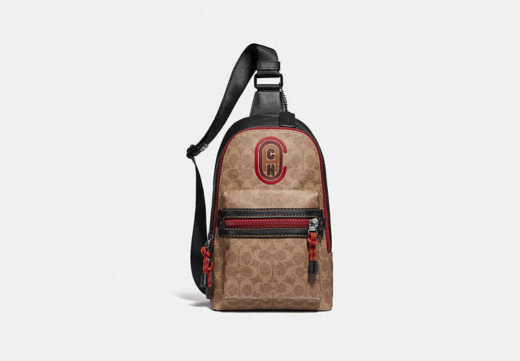 COACH®,ACADEMY PACK IN SIGNATURE CANVAS WITH COACH PATCH,Signature Coated Canvas,Medium,Black Copper/Khaki,Front View