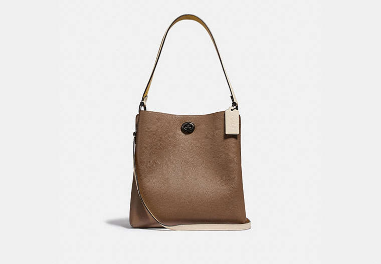 COACH®,CHARLIE BUCKET BAG IN COLORBLOCK,Pebble Leather,Pewter/Ginger Multi,Front View
