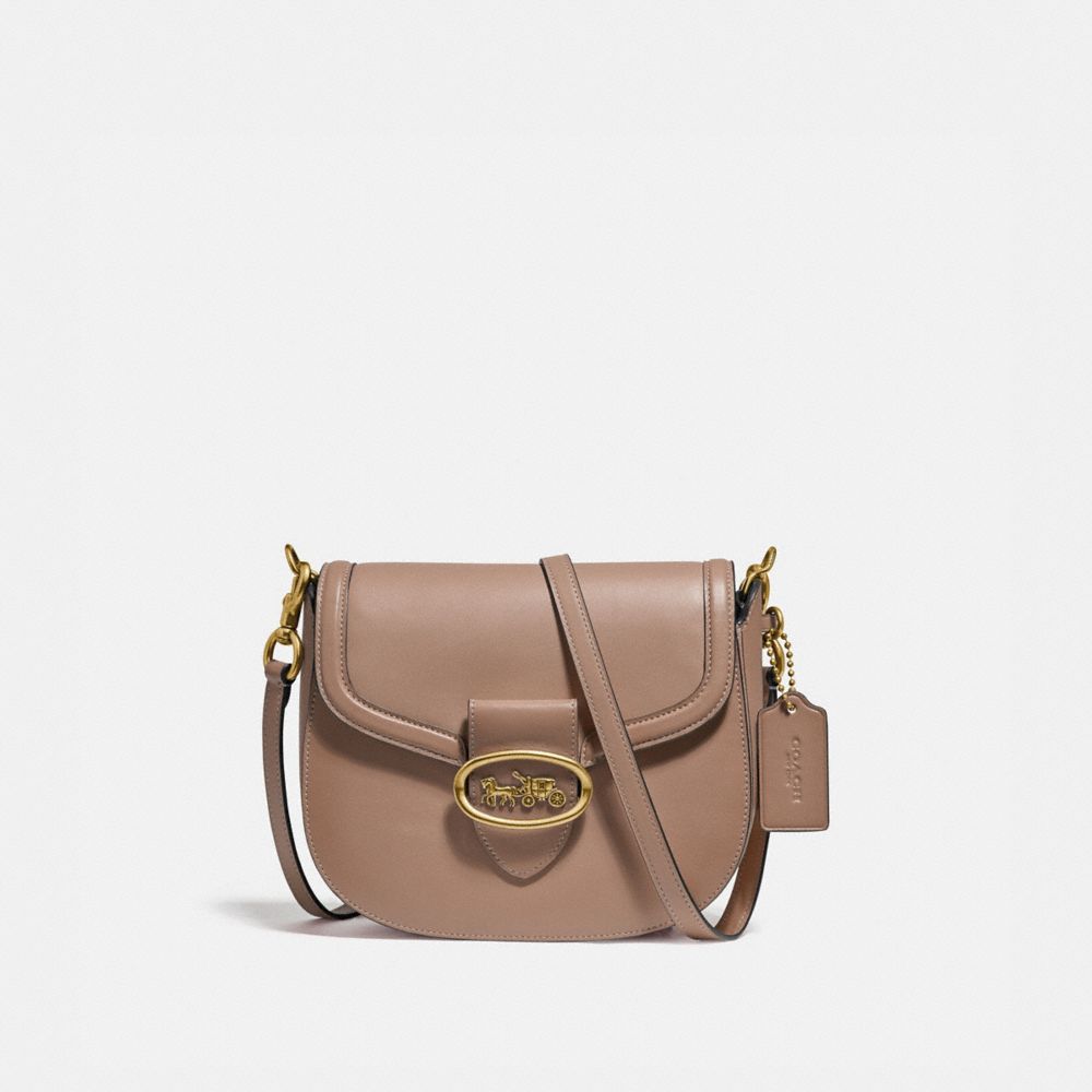 COACH®,KAT SADDLE BAG 20,Leather,Medium,Brass/Taupe,Front View