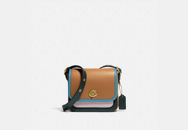COACH®,RAMBLER CROSSBODY 16 IN COLORBLOCK,Leather,Small,Brass/Light Saddle/Pine Green,Front View image number 0