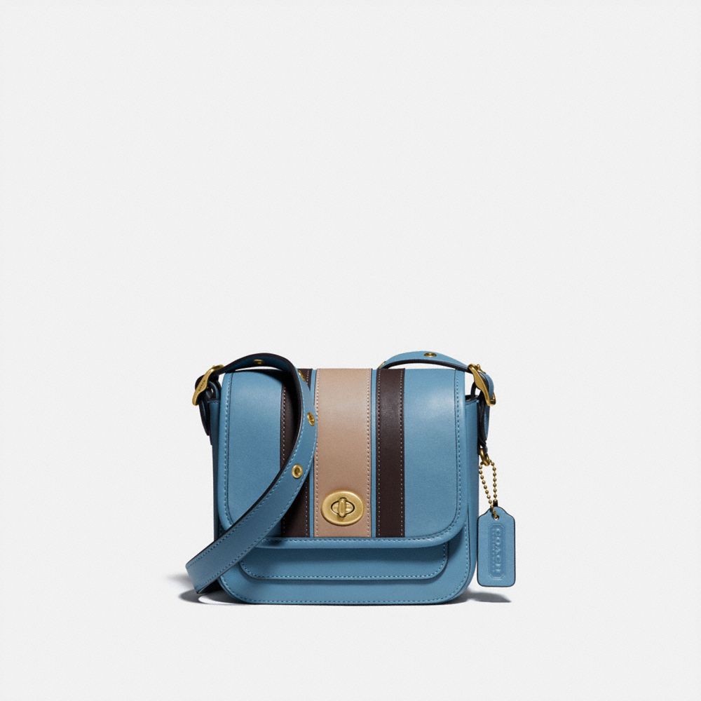 COACH®,RAMBLER CROSSBODY 16 WITH VARSITY STRIPE,Glovetan Leather,Small,Brass/Pacific Blue Multi,Front View