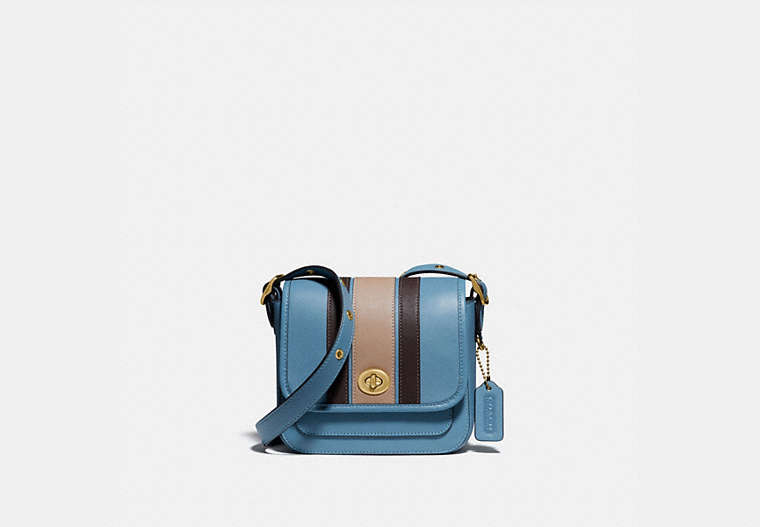 COACH®,RAMBLER CROSSBODY 16 WITH VARSITY STRIPE,Smooth Leather,Small,Brass/Pacific Blue Multi,Front View