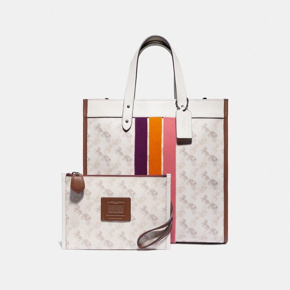 Coach field tote with horse online and carriage print and varsity stripe