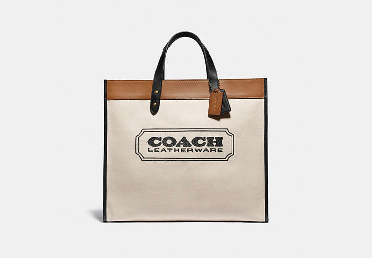 COACH®,FIELD TOTE BAG 40 WITH COACH BADGE,canvas,X-Large,Brass/Canvas Light Saddle,Front View image number 0