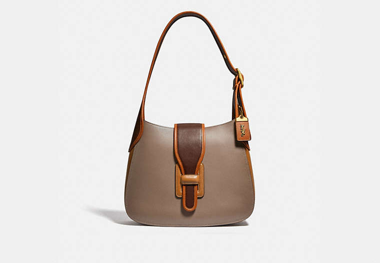 COACH®,COURIER HOBO IN COLORBLOCK,Smooth Leather,Medium,Brass/Light Saddle Elm,Front View