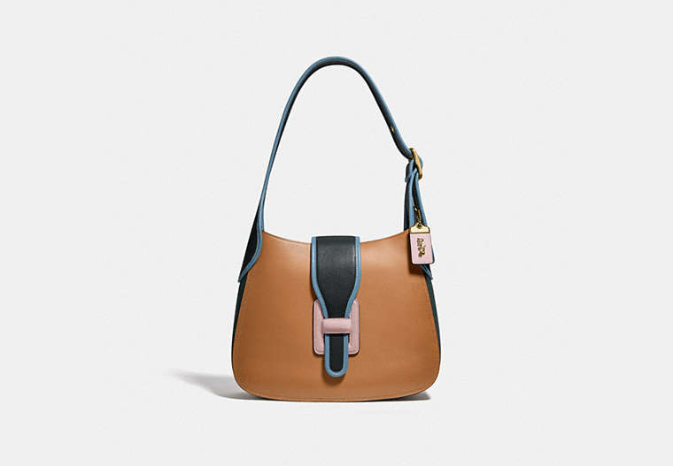 COACH®,COURIER HOBO IN COLORBLOCK,Smooth Leather,Medium,Brass/Light Saddle/Pine Green,Front View