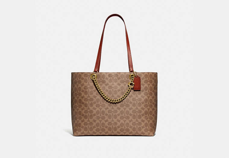 COACH®,SIGNATURE CHAIN CONVERTIBLE TOTE IN SIGNATURE CANVAS,pvc,Brass/Tan/Rust,Front View