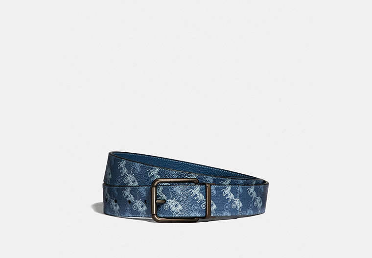 COACH®,ROLLER BUCKLE CUT-TO-SIZE REVERSIBLE BELT WITH HORSE AND CARRIAGE PRINT, 38MM,BLUE,Front View
