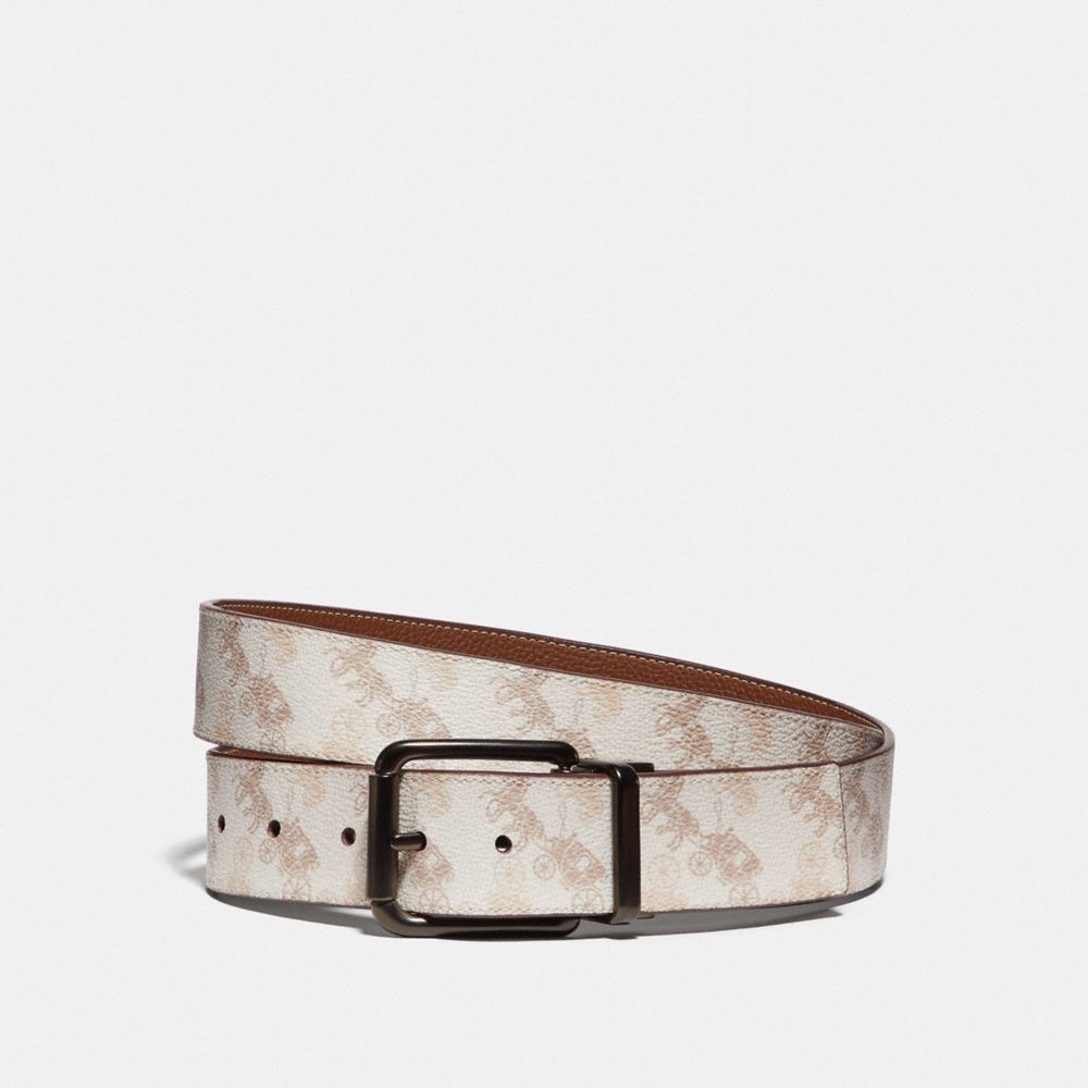 COACH®,ROLLER BUCKLE CUT-TO-SIZE REVERSIBLE BELT WITH HORSE AND CARRIAGE PRINT, 38MM,Chalk,Front View