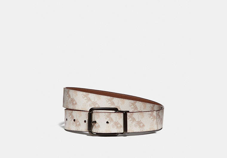COACH®,ROLLER BUCKLE CUT-TO-SIZE REVERSIBLE BELT WITH HORSE AND CARRIAGE PRINT, 38MM,Chalk,Front View