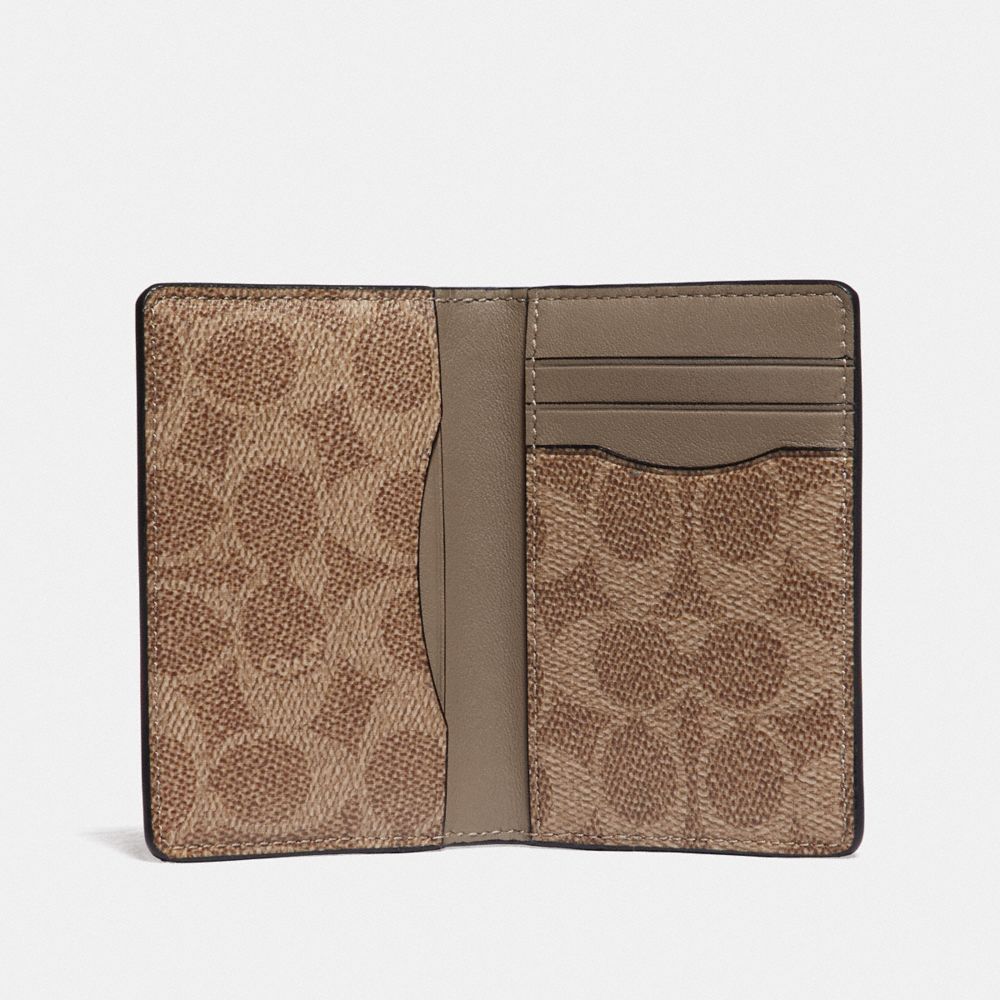 COACH®,CARD WALLET IN COLORBLOCK WITH SIGNATURE CANVAS DETAIL,Leather,Khaki/Flax,Inside View,Top View