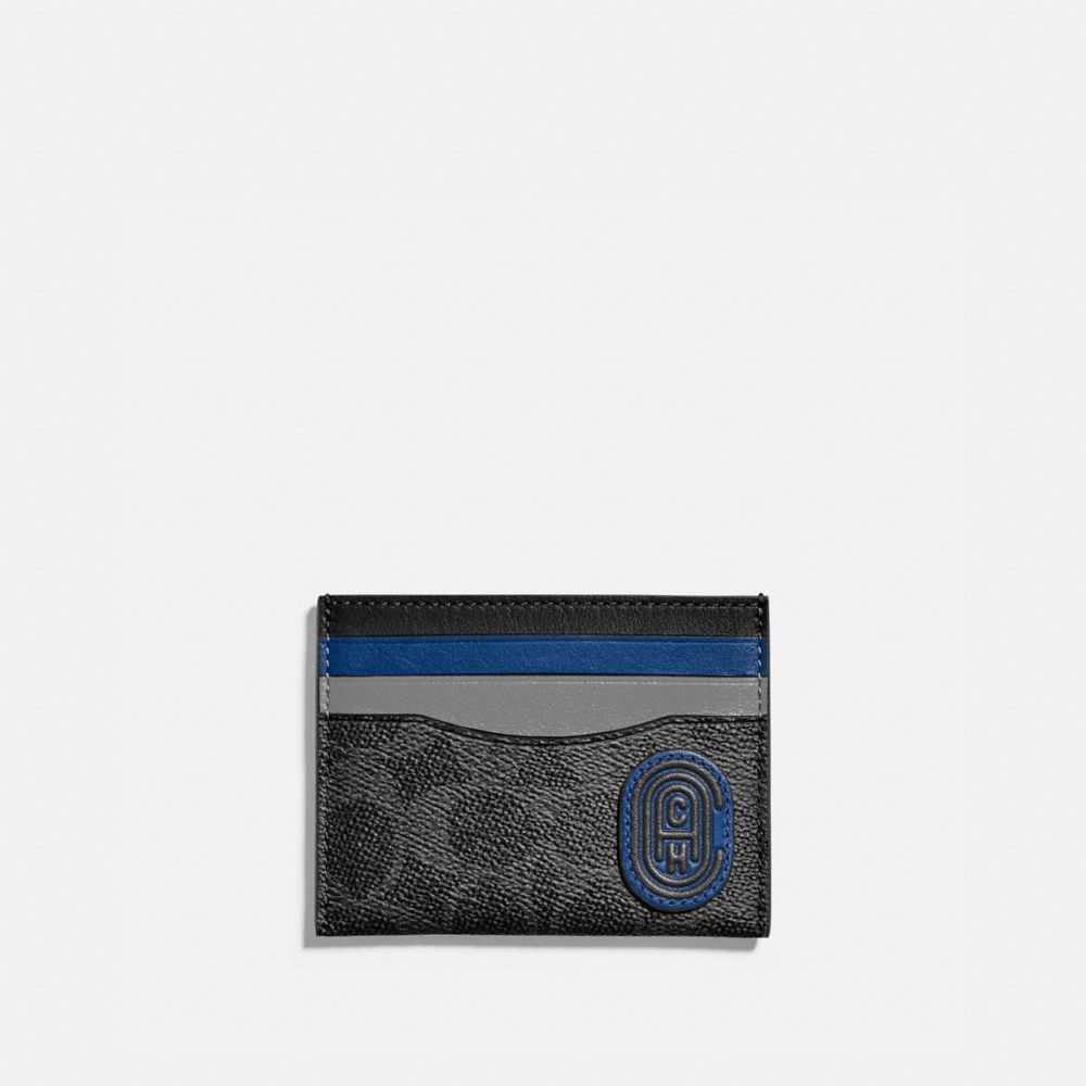 COACH®,CARD CASE IN COLORBLOCK SIGNATURE CANVAS WITH COACH PATCH,pvc,Charcoal/Deep Sky,Front View image number 0