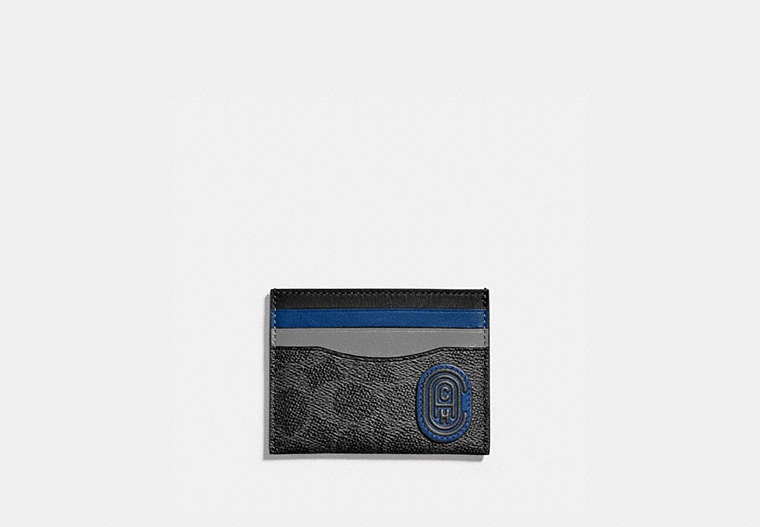 COACH®,CARD CASE IN COLORBLOCK SIGNATURE CANVAS WITH COACH PATCH,pvc,Charcoal/Deep Sky,Front View image number 0