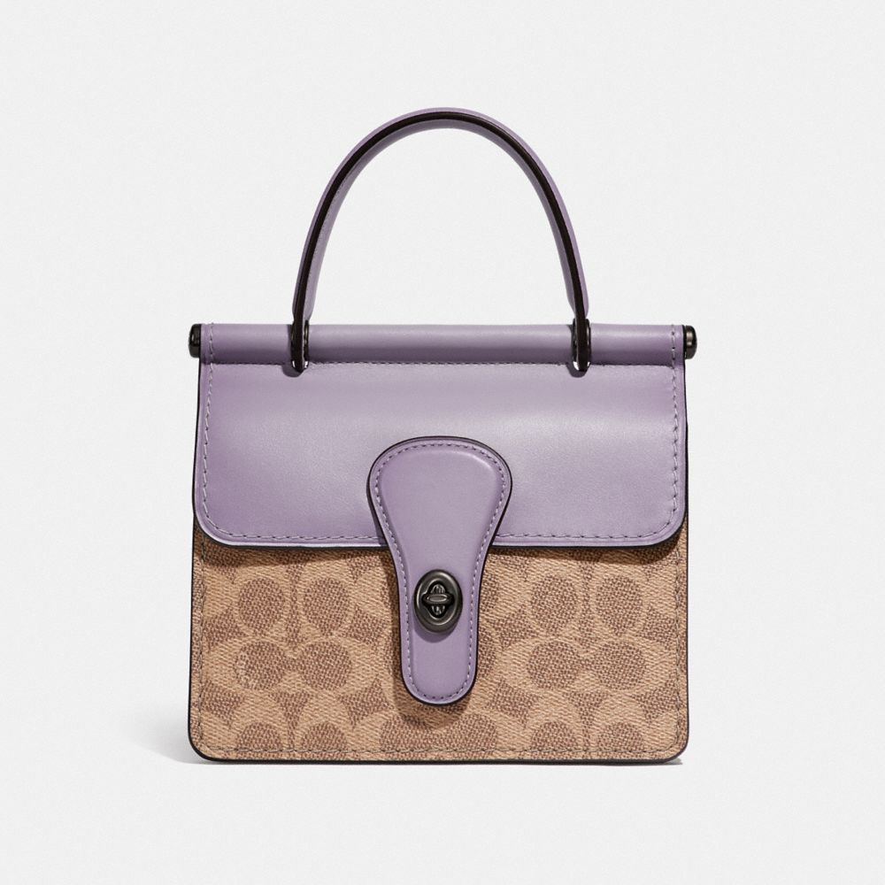COACH®,WILLIS TOP HANDLE 18 IN SIGNATURE CANVAS,Signature Coated Canvas/Smooth Leather,Medium,Pewter/Tan Soft Lilac,Front View image number 0