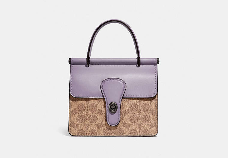 COACH®,WILLIS TOP HANDLE 18 IN SIGNATURE CANVAS,Signature Coated Canvas/Smooth Leather,Medium,Pewter/Tan Soft Lilac,Front View