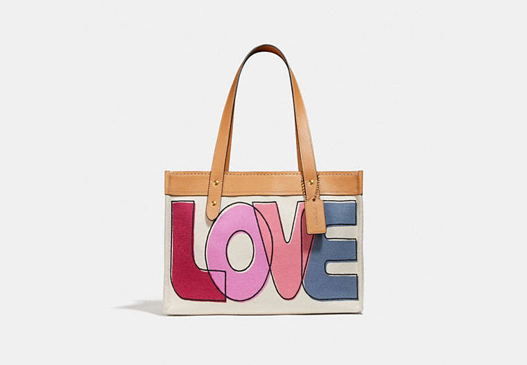 COACH®,TOTE 33 WITH LOVE PRINT,canvas,Brass/PINK MULTICOLOR,Front View image number 0