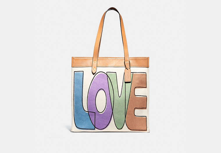 COACH®,TOTE 38 WITH LOVE PRINT,canvas,Large,Brass/PINK MULTICOLOR,Front View