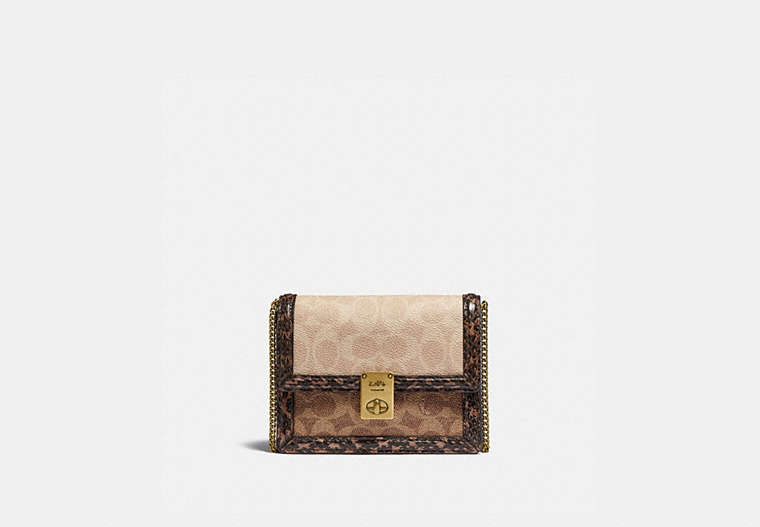 COACH®,HUTTON BELT BAG IN BLOCKED SIGNATURE CANVAS WITH SNAKESKIN DETAIL,Coated Canvas,Mini,Brass/Tan Sand,Front View