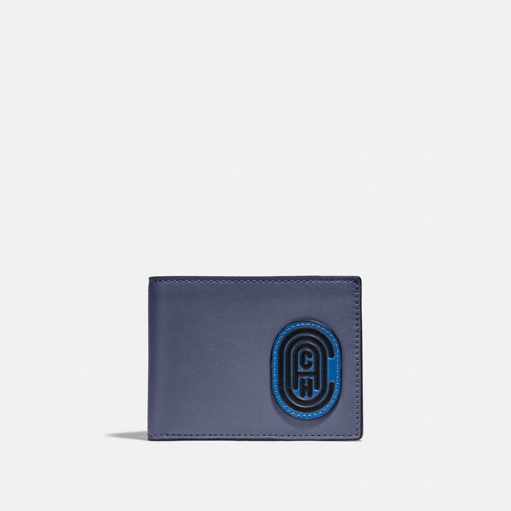 COACH®,SLIM BILLFOLD WALLET IN COLORBLOCK WITH COACH PATCH,n/a,Deep Sky/Blue Mist,Front View
