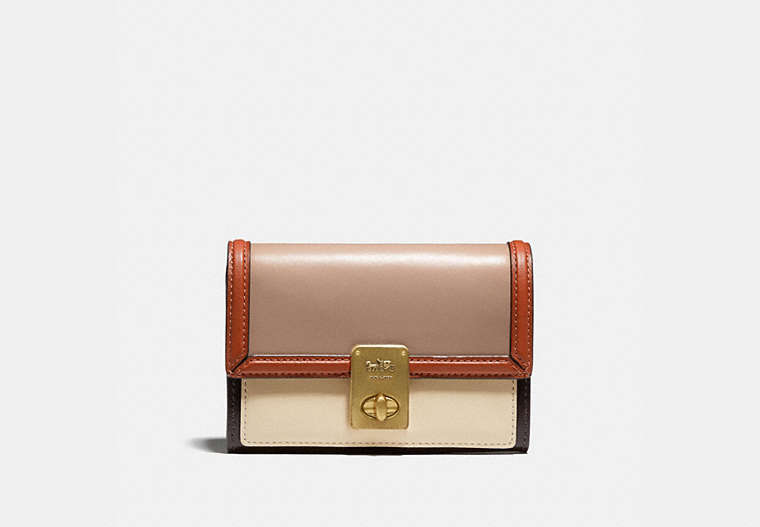 COACH®,HUTTON WALLET IN COLORBLOCK,Leather,Brass/Taupe Ginger Multi,Front View