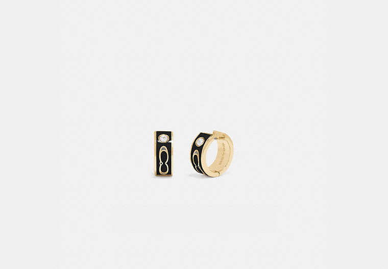 COACH®,KISSING SIGNATURE HUGGIE EARRINGS,Plated Brass/Enamel,Gold/Black,Front View