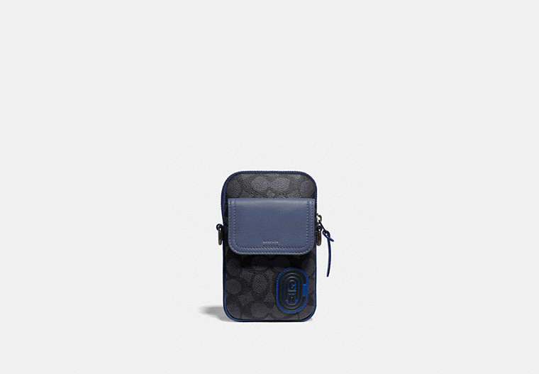 COACH®,PACER CONVERTIBLE POUCH IN COLORBLOCK SIGNATURE CANVAS WITH COACH PATCH,pvc,Mini,Charcoal/Deep Sky,Front View