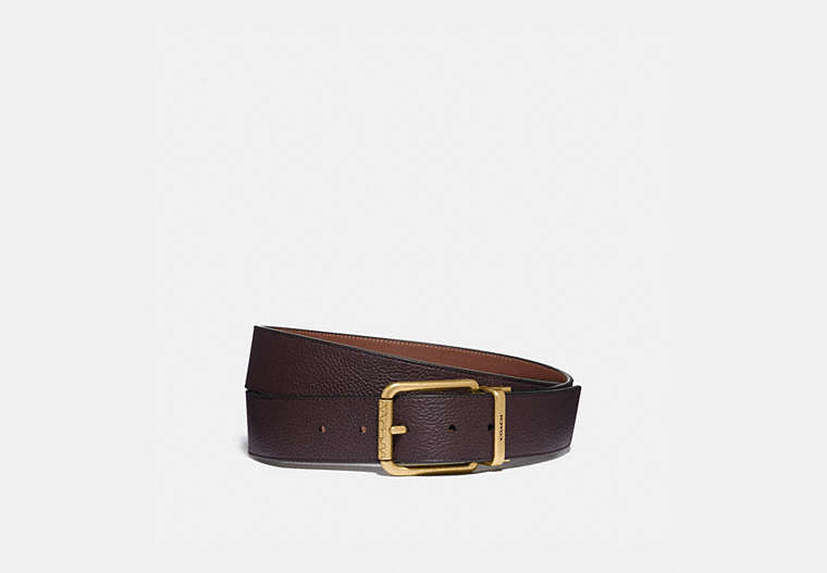 COACH®,ROLLER BUCKLE CUT-TO-SIZE REVERSIBLE BELT, 38MM,Leather,Oak/Saddle,Front View