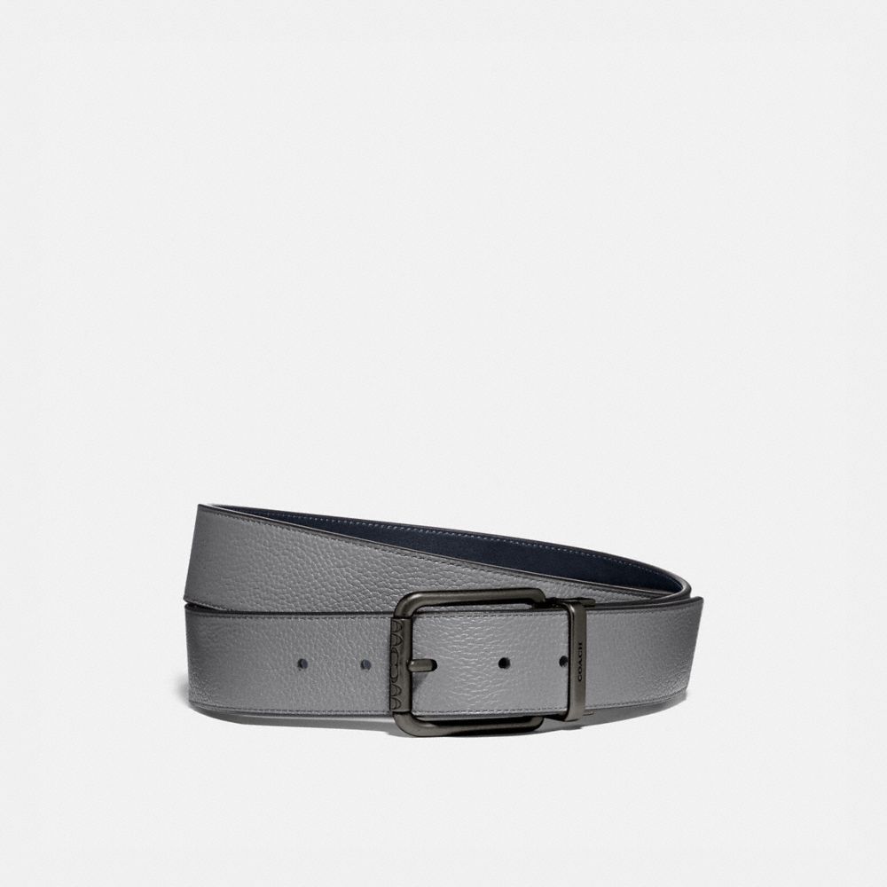 COACH®,ROLLER BUCKLE CUT-TO-SIZE REVERSIBLE BELT, 38MM,Washed Steel/Midnight,Front View
