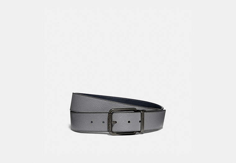 COACH®,ROLLER BUCKLE CUT-TO-SIZE REVERSIBLE BELT, 38MM,Leather,Washed Steel/Midnight,Front View