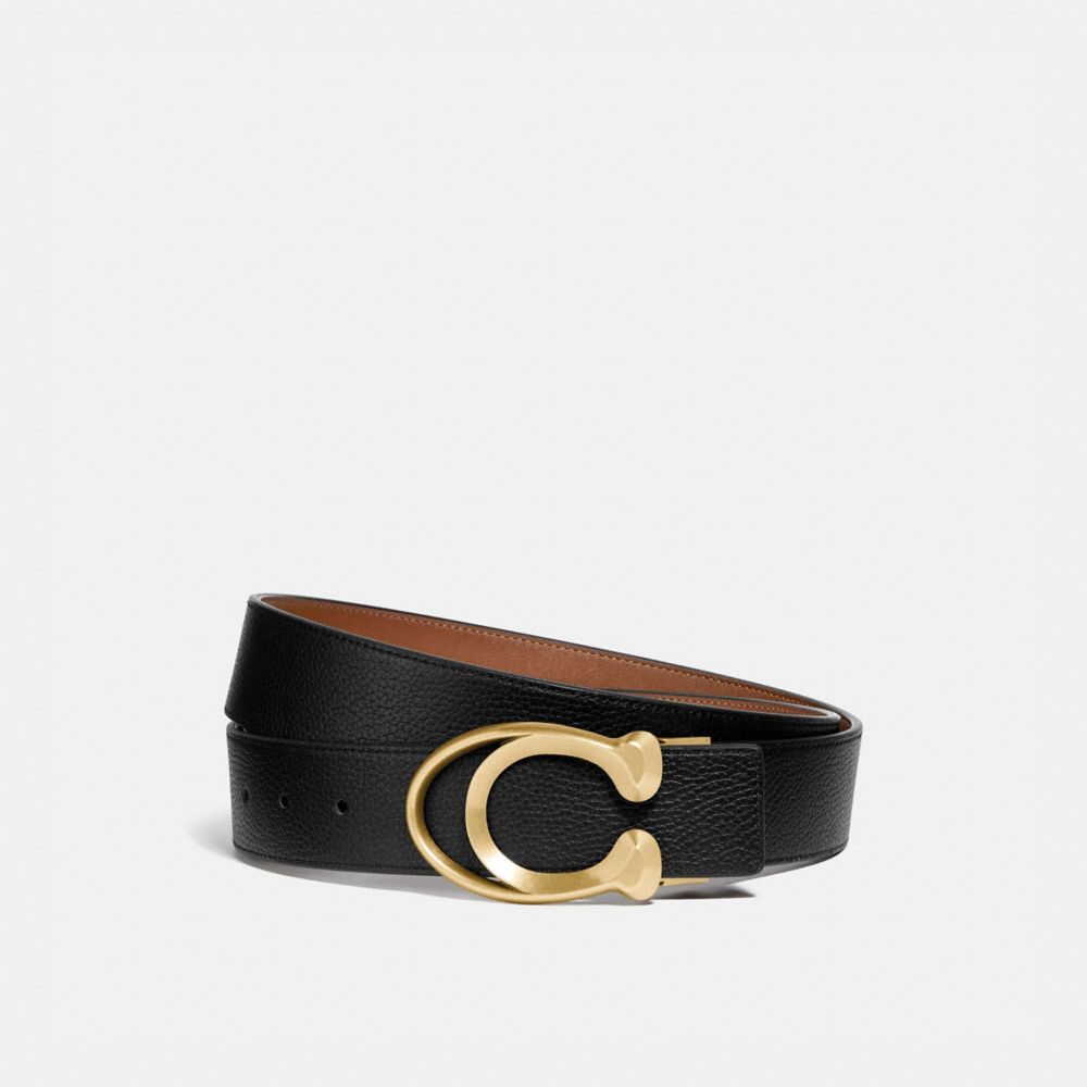 COACH®,SIGNATURE BUCKLE BELT, 38MM,Smooth Leather/Pebble Leather,Black/Saddle,Front View