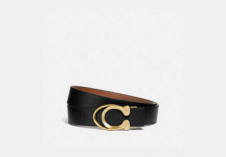 COACH®,SIGNATURE BUCKLE BELT, 38MM,Smooth Leather/Pebble Leather,Black/Saddle,Front View image number 0