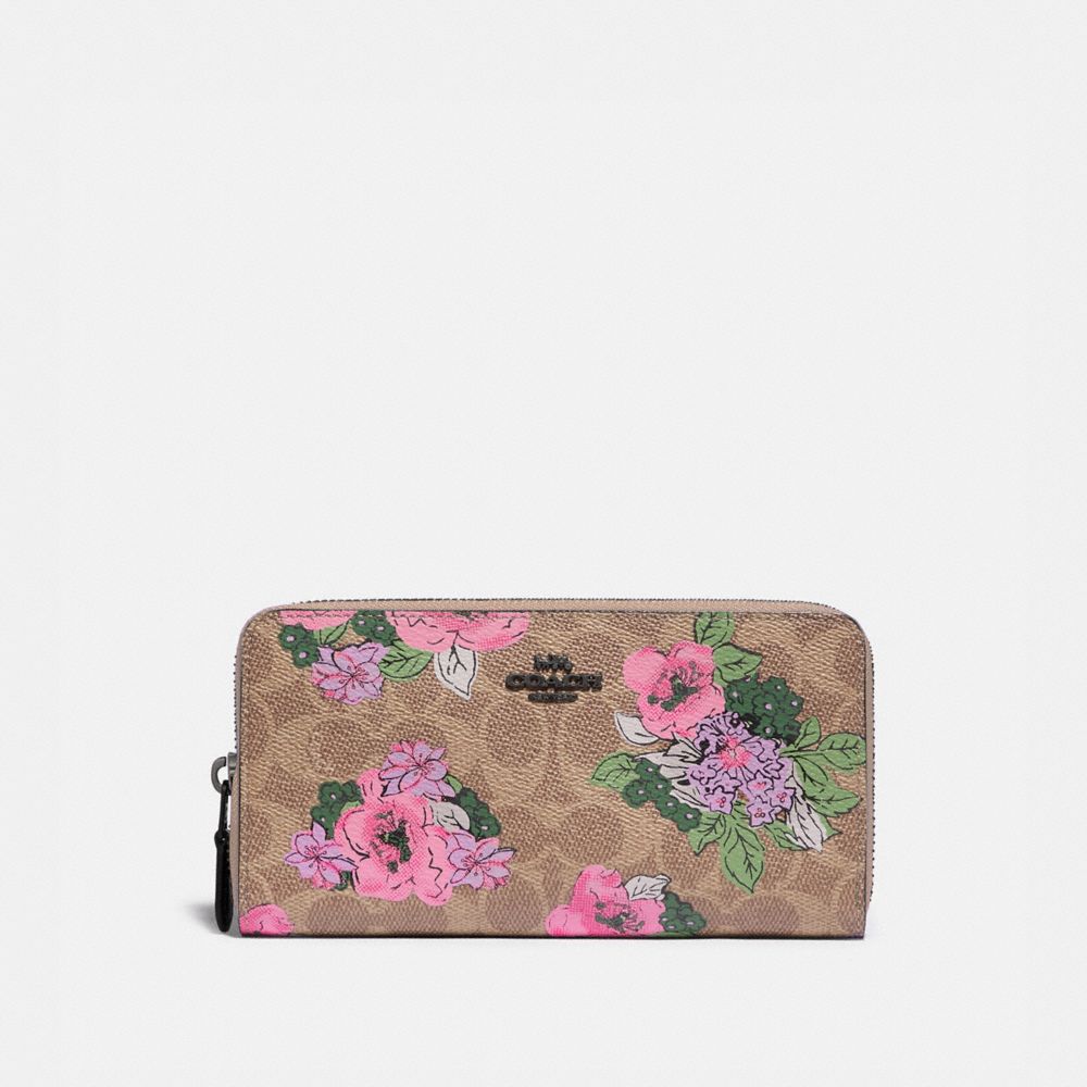 COACH®,ACCORDION ZIP WALLET IN SIGNATURE CANVAS WITH BLOSSOM PRINT,Mini,Pewter/Tan Print,Front View