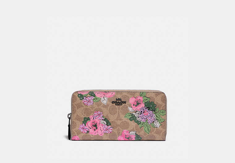 COACH®,ACCORDION ZIP WALLET IN SIGNATURE CANVAS WITH BLOSSOM PRINT,pvc,Mini,Pewter/Tan Print,Front View image number 0