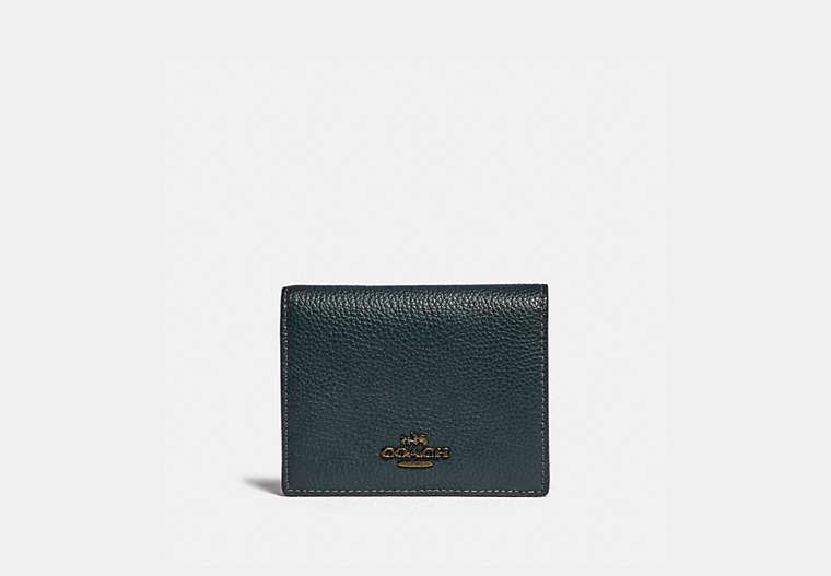 COACH®,SMALL SNAP WALLET WITH COLORBLOCK INTERIOR,Pebbled Leather,Brass/Pine Green Multi,Front View