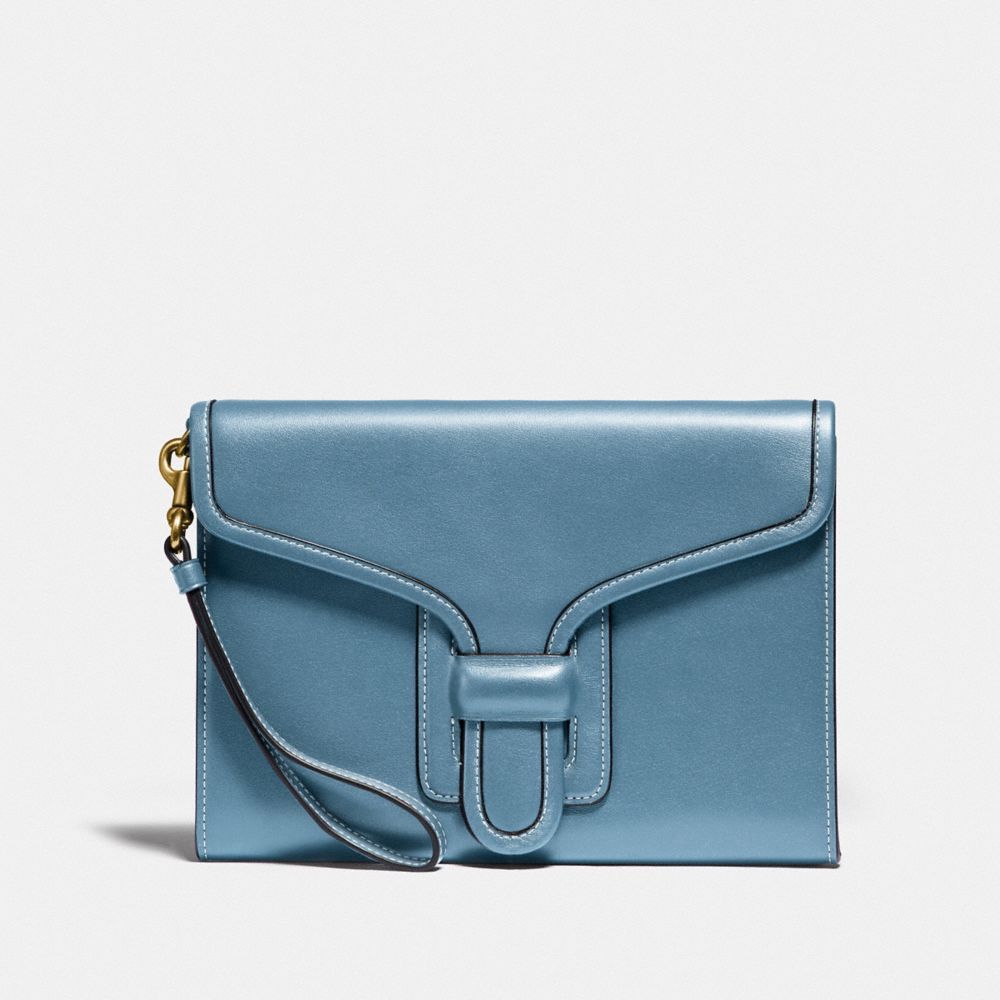 COACH®,COURIER WRISTLET,Leather,Mini,Brass/Pacific Blue,Front View