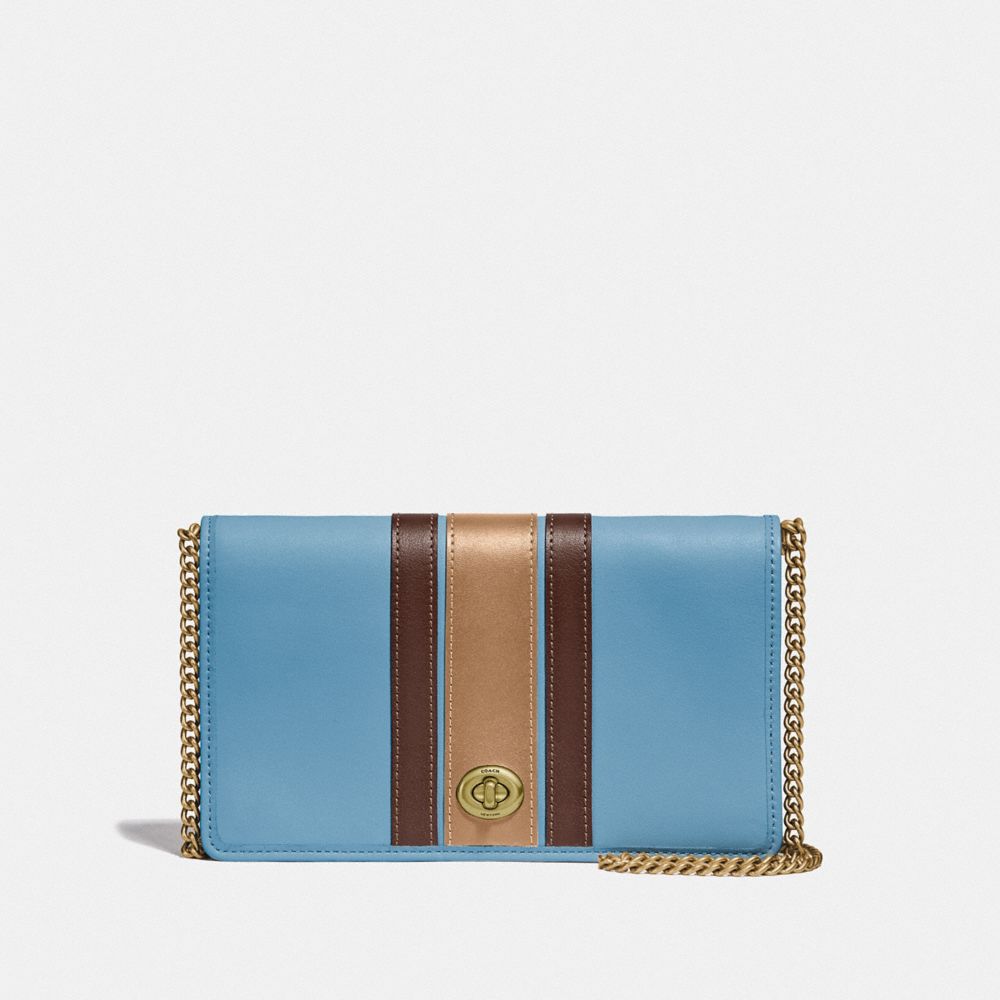 COACH®,CALLIE FOLDOVER CHAIN CLUTCH WITH VARSITY STRIPE,Leather,Mini,Brass/Pacific Blue Multi,Front View